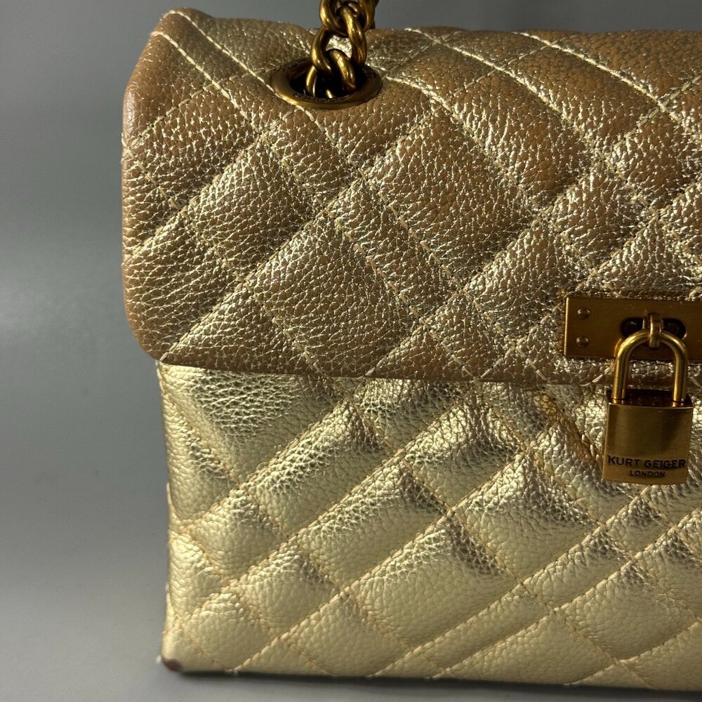 KURT GEIGER LONDON BRIXTON Metallic Gold Quilted Leather Pad Lock Shoulder Bag - Picture 2 of 12